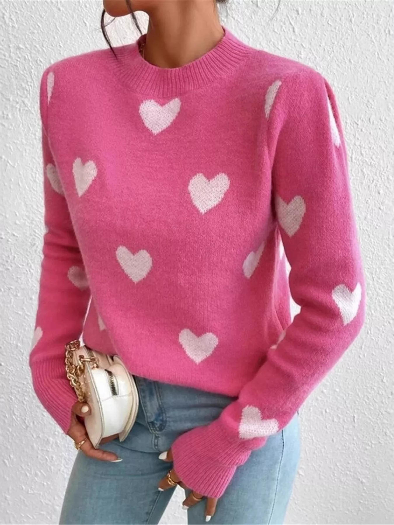 Heart Pattern Round Neck Sweater - Image 4