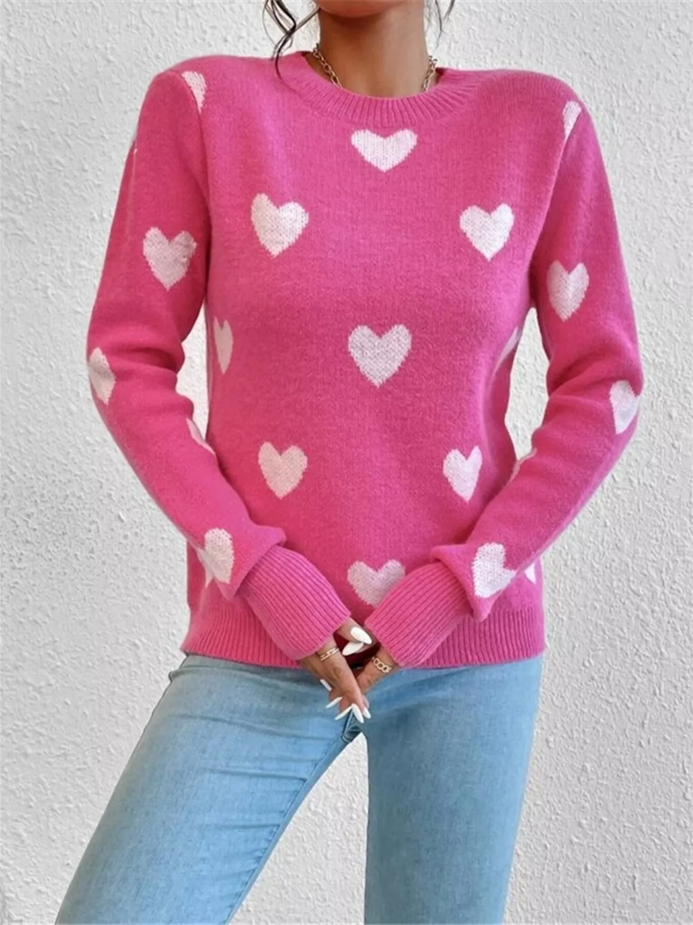 Heart Pattern Round Neck Sweater - Image 5