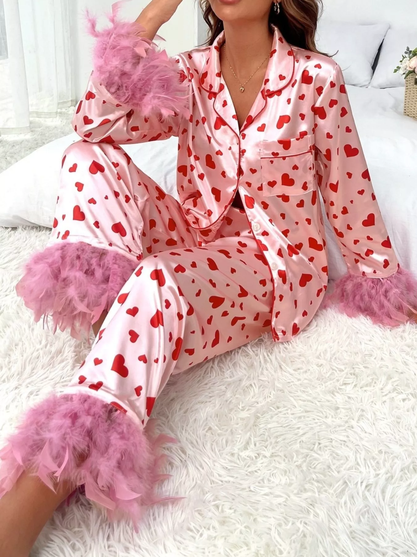Heart Print Button Up Top and Pants Lounge Set - Image 2