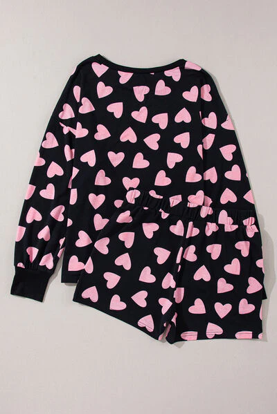 Heart Print Long Sleeve Top and Shorts Lounge Set - Image 12