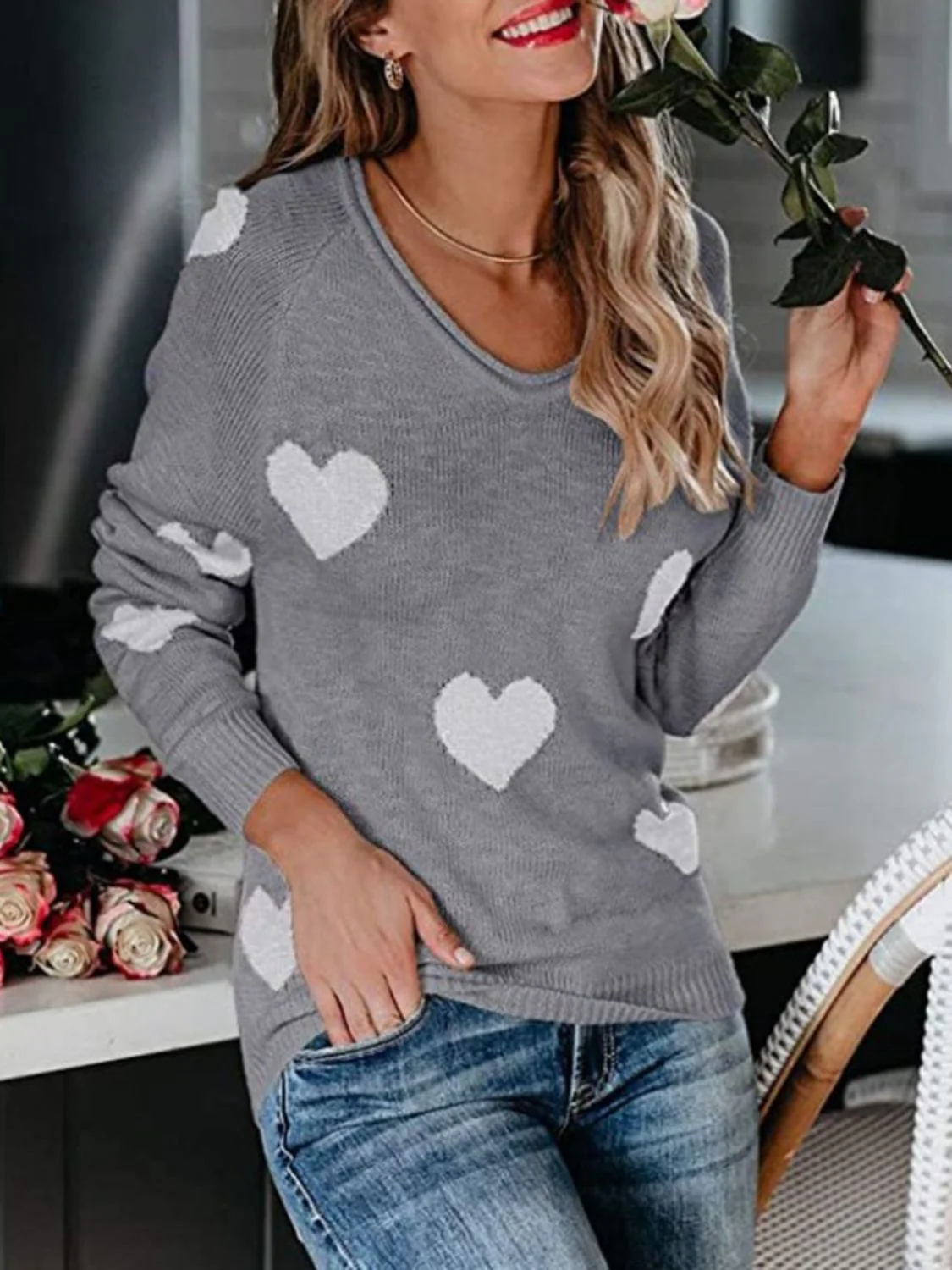 Heart Scoop Neck Long Sleeve Sweater - Image 16