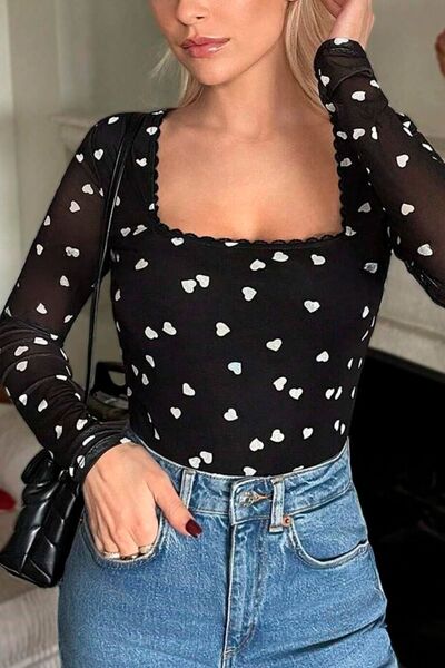 Heart Square Neck Long Sleeve Bodysuit - Image 3