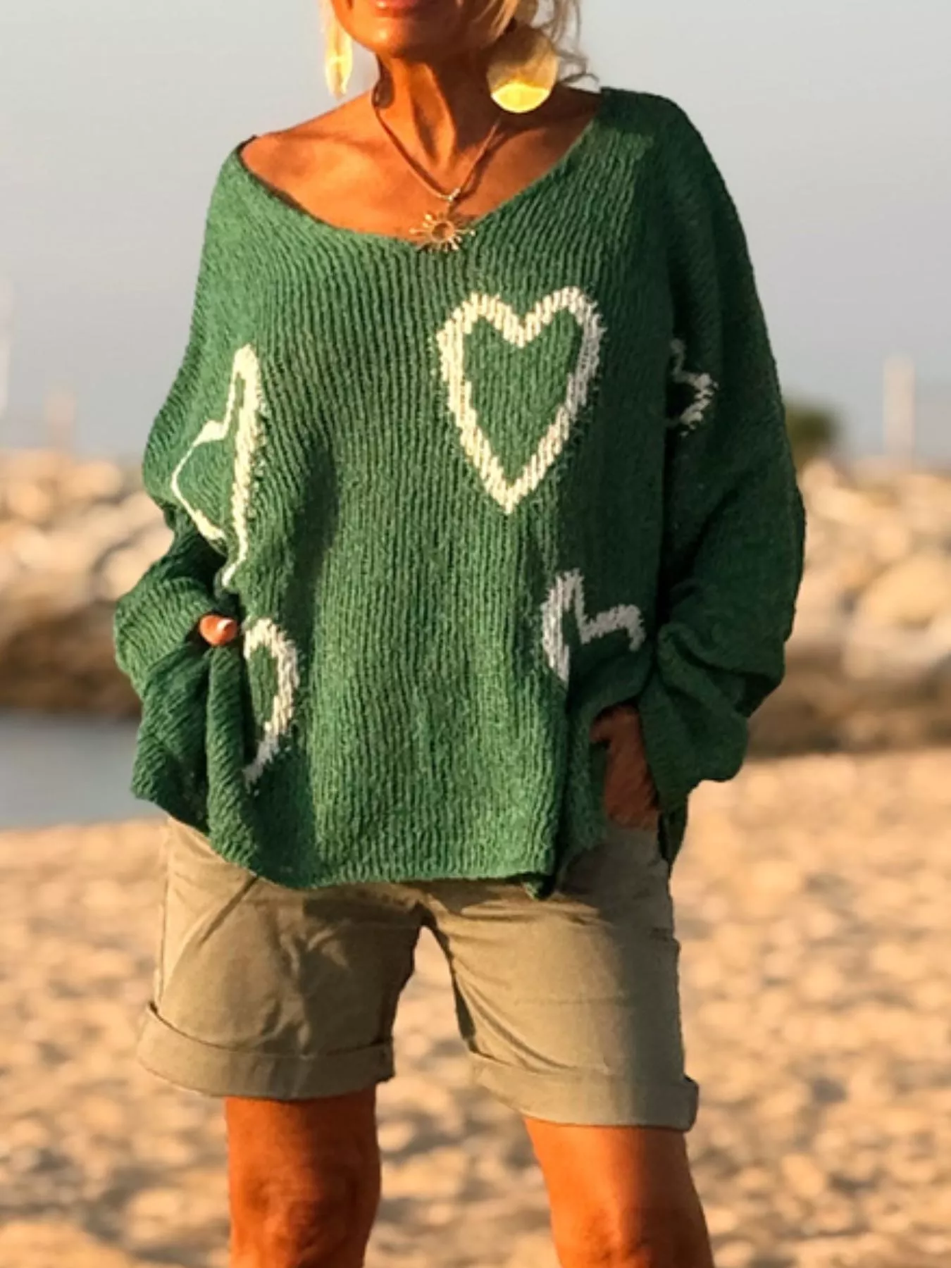 Heart V-Neck Dropped Shoulder Sweater - Image 13