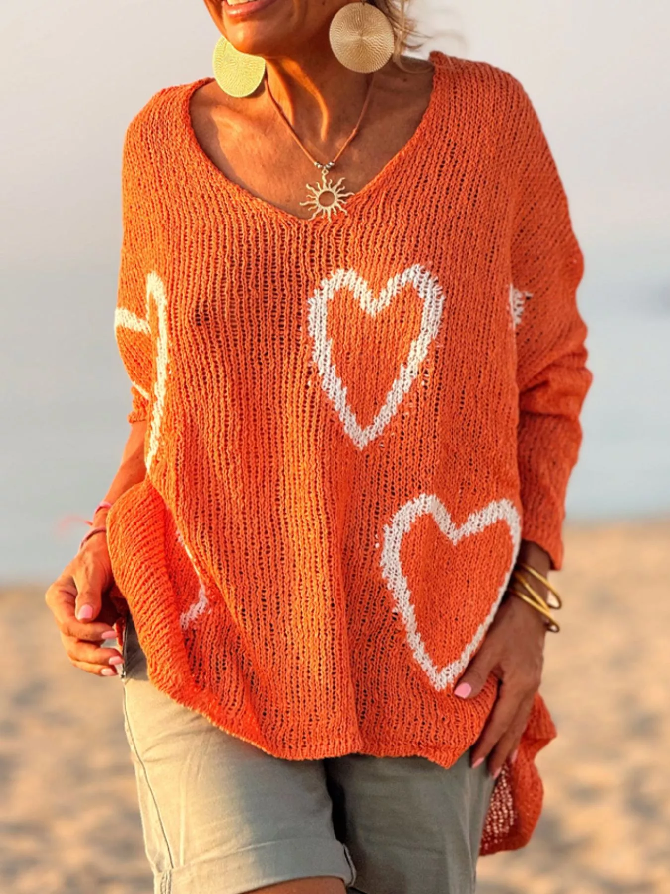 Heart V-Neck Dropped Shoulder Sweater - Image 19