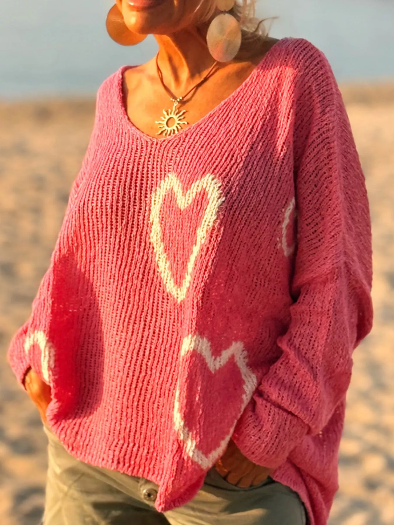 Heart V-Neck Dropped Shoulder Sweater - Image 3