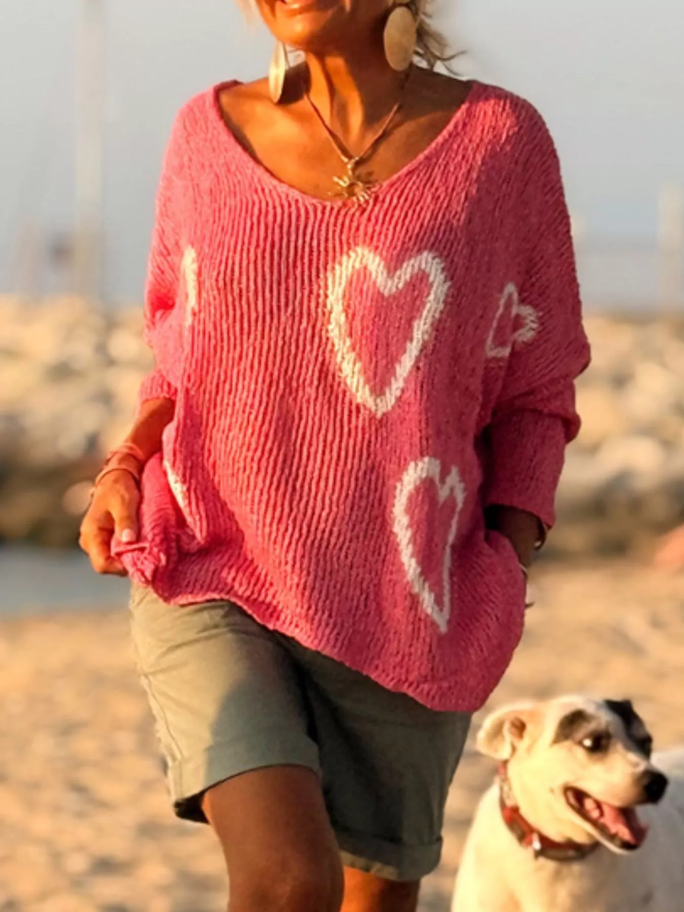 Heart V-Neck Dropped Shoulder Sweater - Image 6