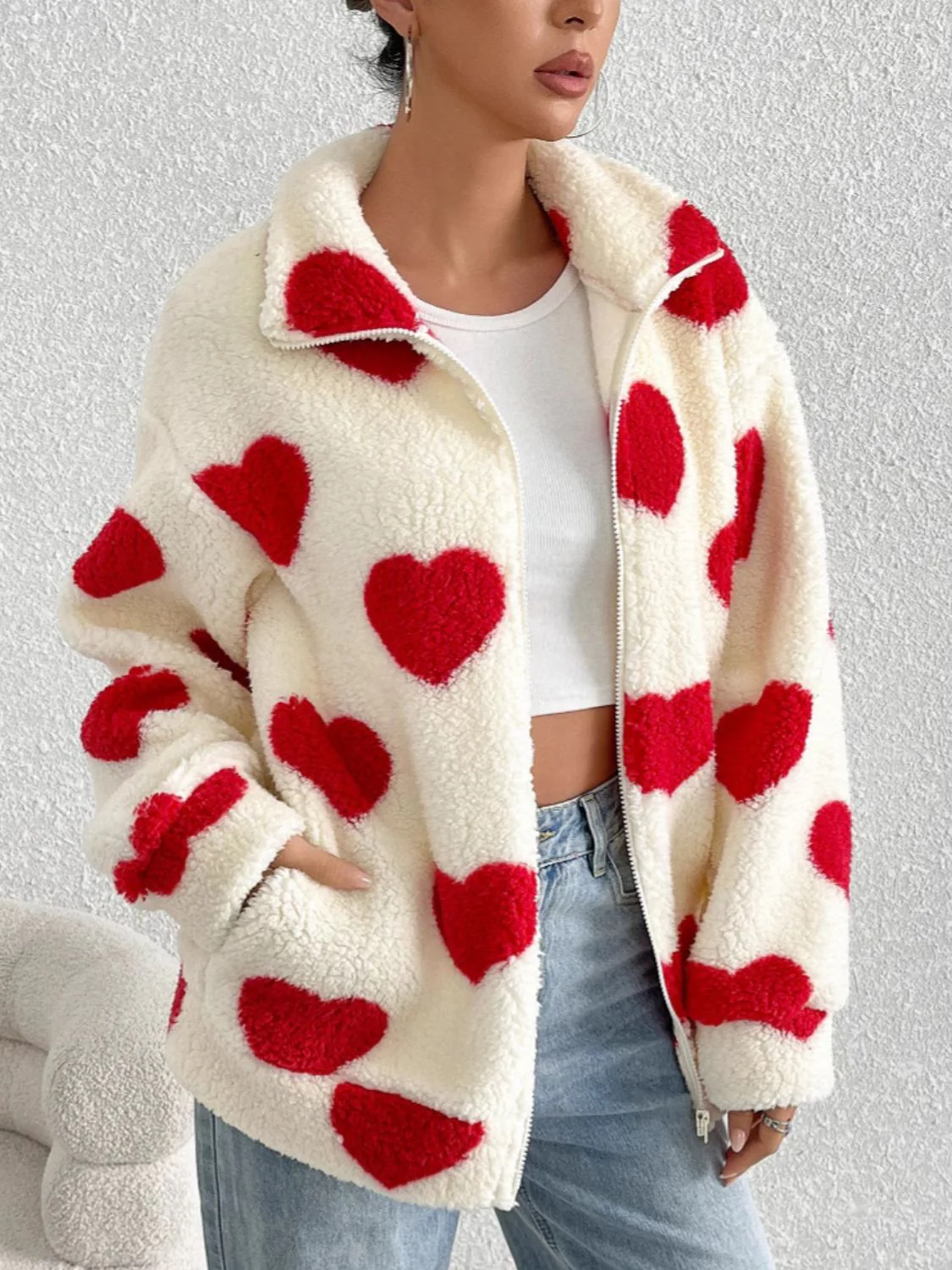Heart Zip Up Drop Shoulder Furry Jacket - Image 3