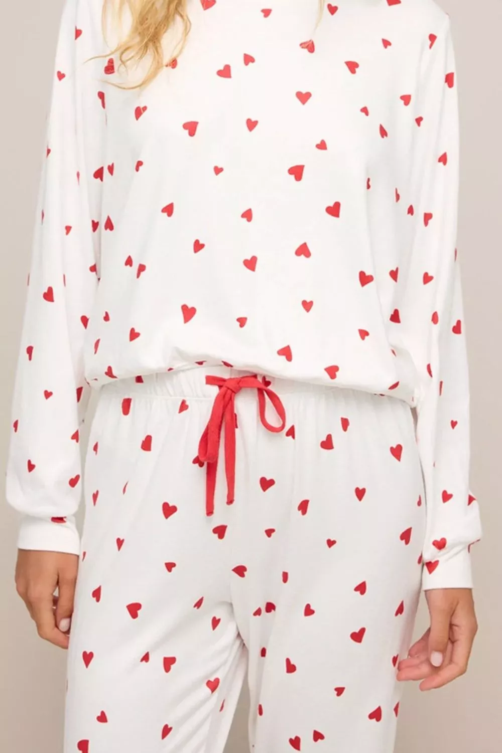 Hearts Printed Long Sleeve Top Drawstring Pants Lounge Set - Image 3