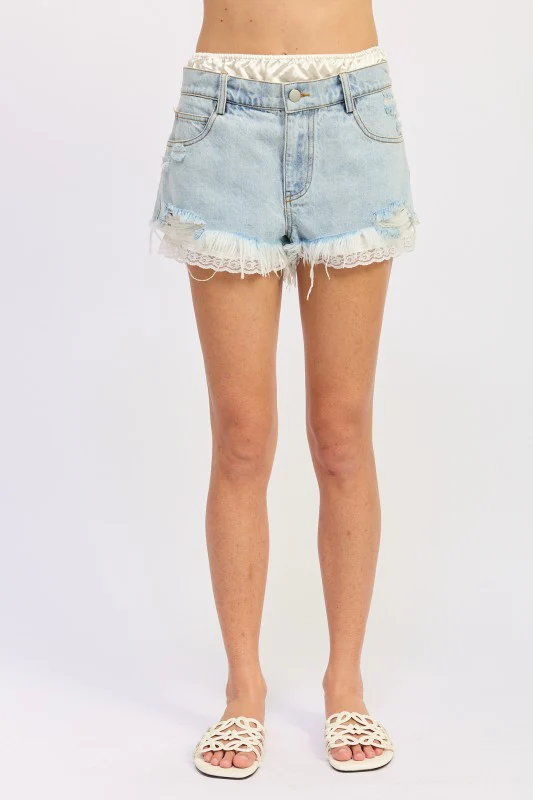 HIGH RISE DENIM SHORTS WITH LACE TRIM - Image 3