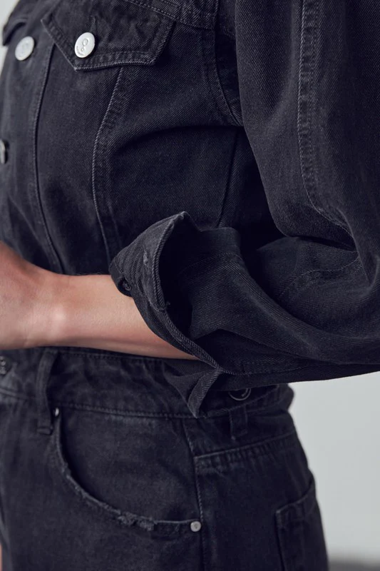 High Waist Flap Pocket Half Button Denim Jumpsuit - Image 11
