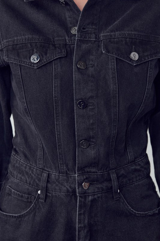 High Waist Flap Pocket Half Button Denim Jumpsuit - Image 12