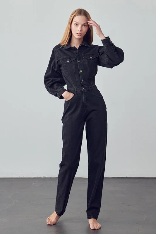 High Waist Flap Pocket Half Button Denim Jumpsuit - Image 2