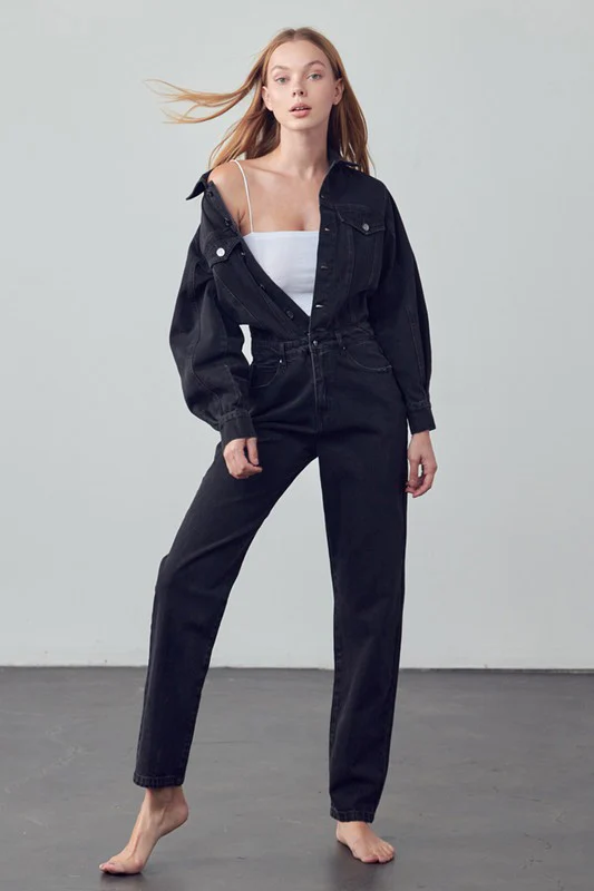High Waist Flap Pocket Half Button Denim Jumpsuit - Image 3