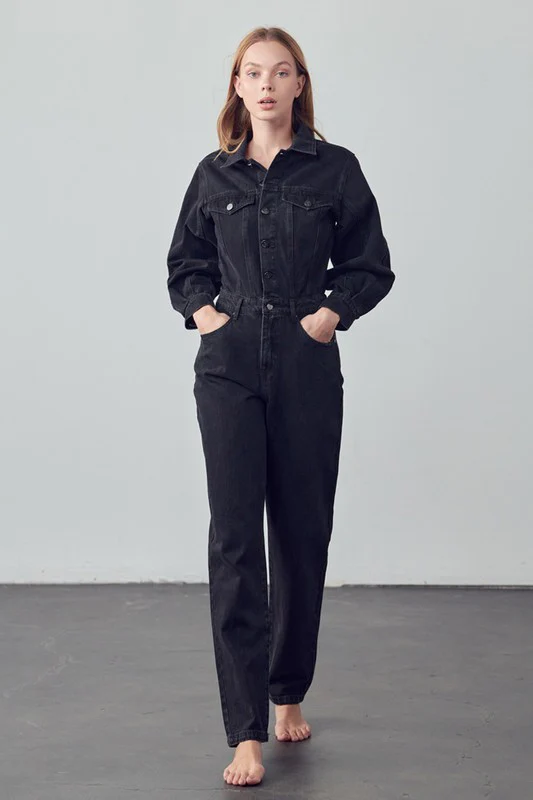 High Waist Flap Pocket Half Button Denim Jumpsuit - Image 4