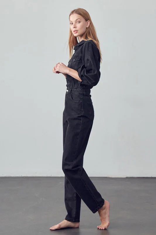 High Waist Flap Pocket Half Button Denim Jumpsuit - Image 5