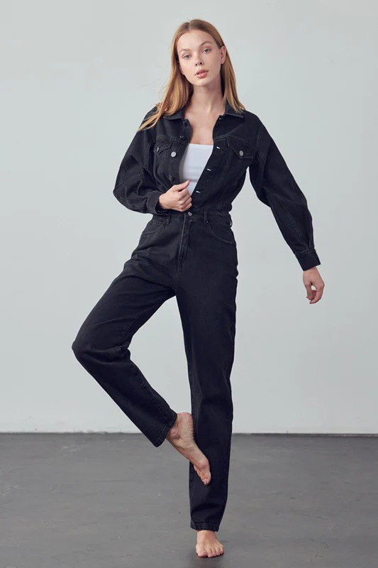 High Waist Flap Pocket Half Button Denim Jumpsuit - Image 7