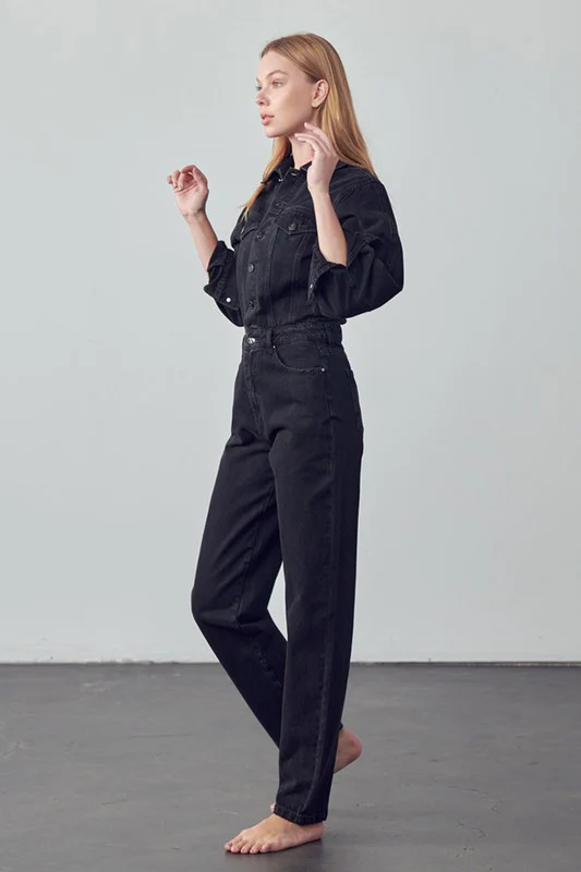 High Waist Flap Pocket Half Button Denim Jumpsuit - Image 9
