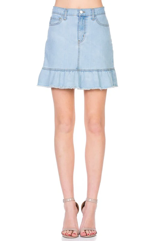High Waisted A-line Ruffle Hem Denim Skirt - Image 13
