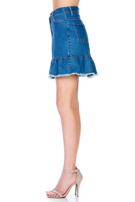 High Waisted A-line Ruffle Hem Denim Skirt - Image 11