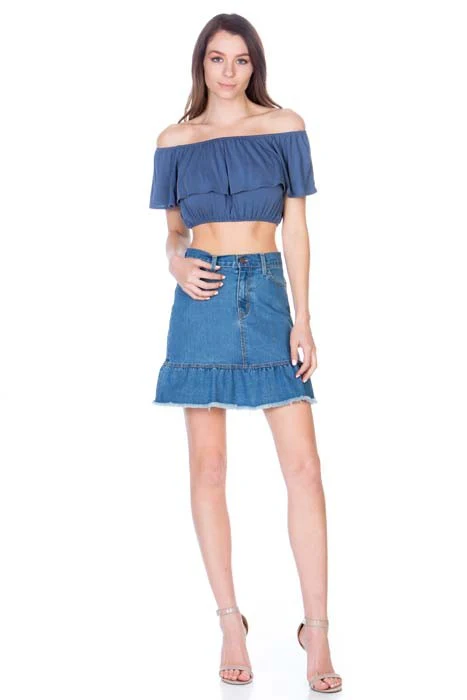 High Waisted A-line Ruffle Hem Denim Skirt - Image 12