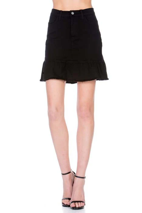 High Waisted A-line Ruffle Hem Denim Skirt - Image 14
