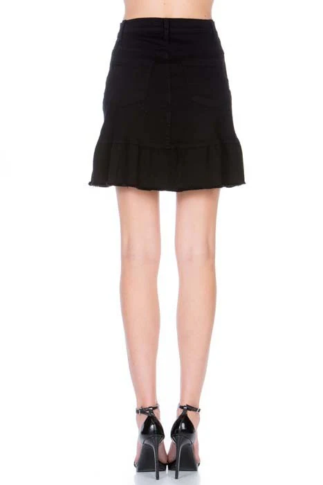 High Waisted A-line Ruffle Hem Denim Skirt - Image 16