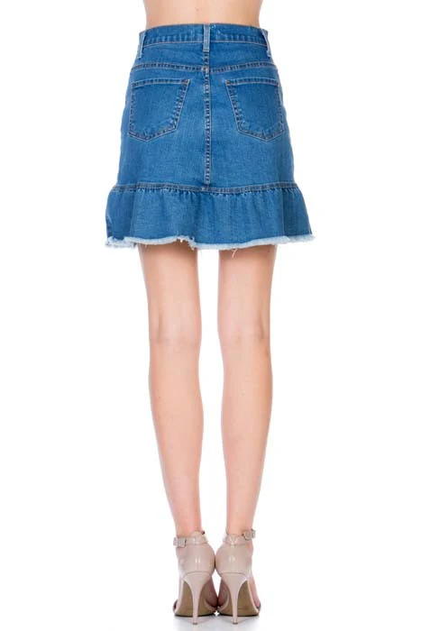 High Waisted A-line Ruffle Hem Denim Skirt - Image 4