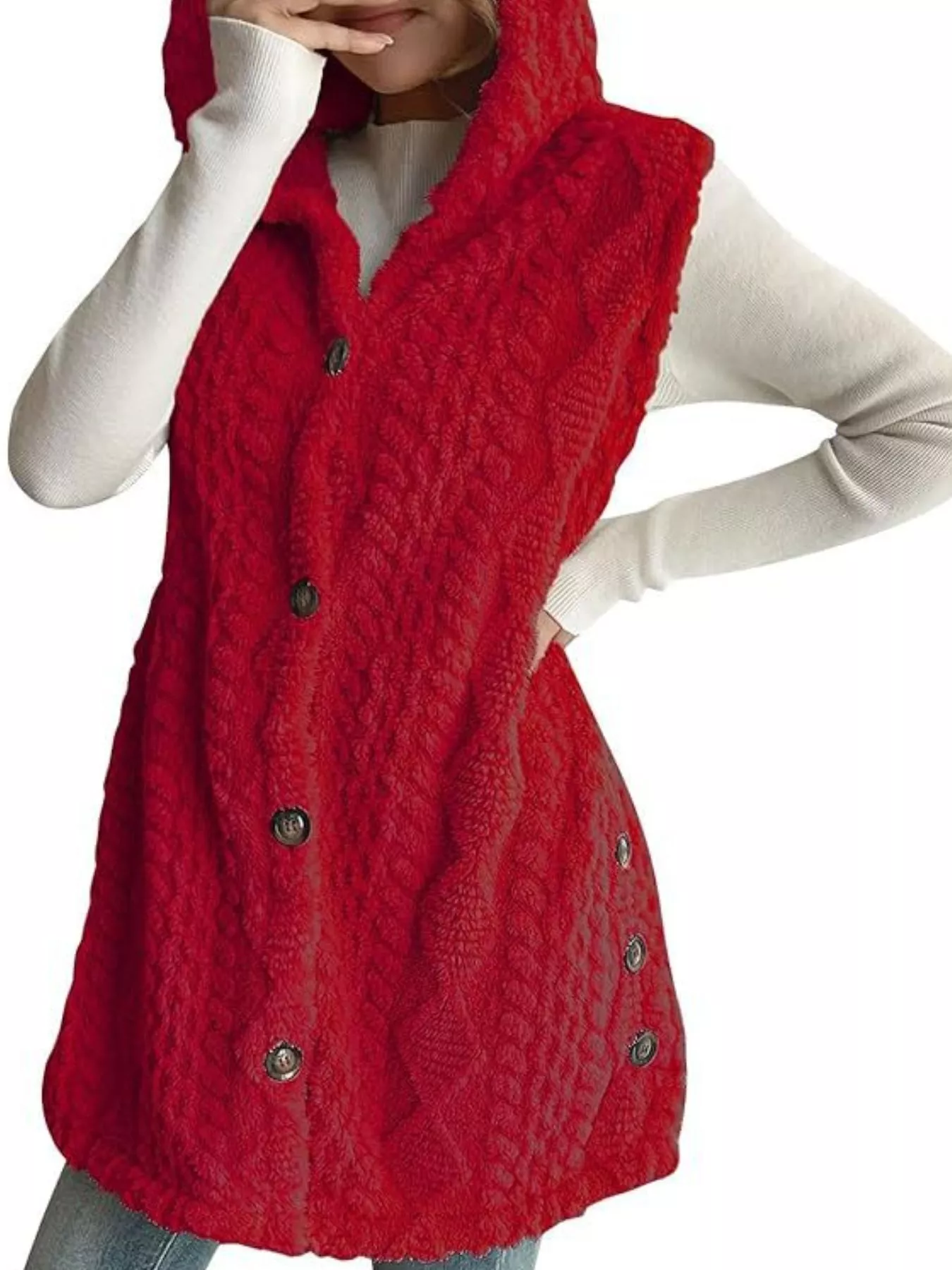 Hooded Button-Up Sherpa Vest Coat - Image 17