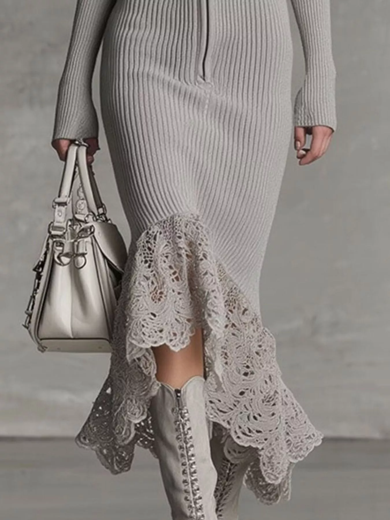 Hooded Ribbed Knit Lace Hem Midi Dress - Image 3