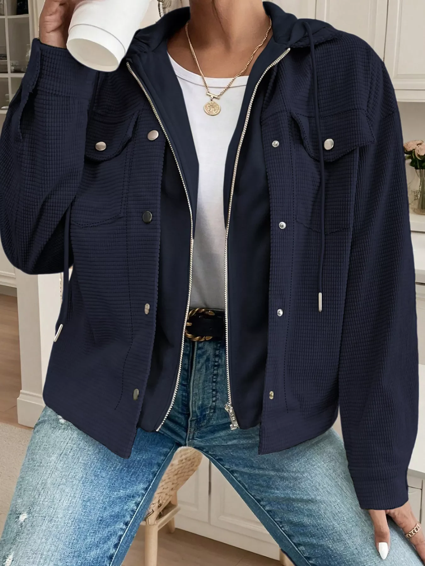 Hooded Waffle Knit Zip-Up Jacket - Image 2