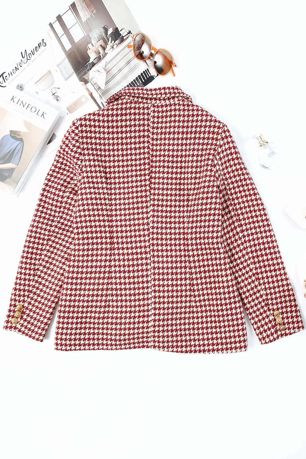 Houndstooth Collared Neck Double-Breasted Blazer - Image 7