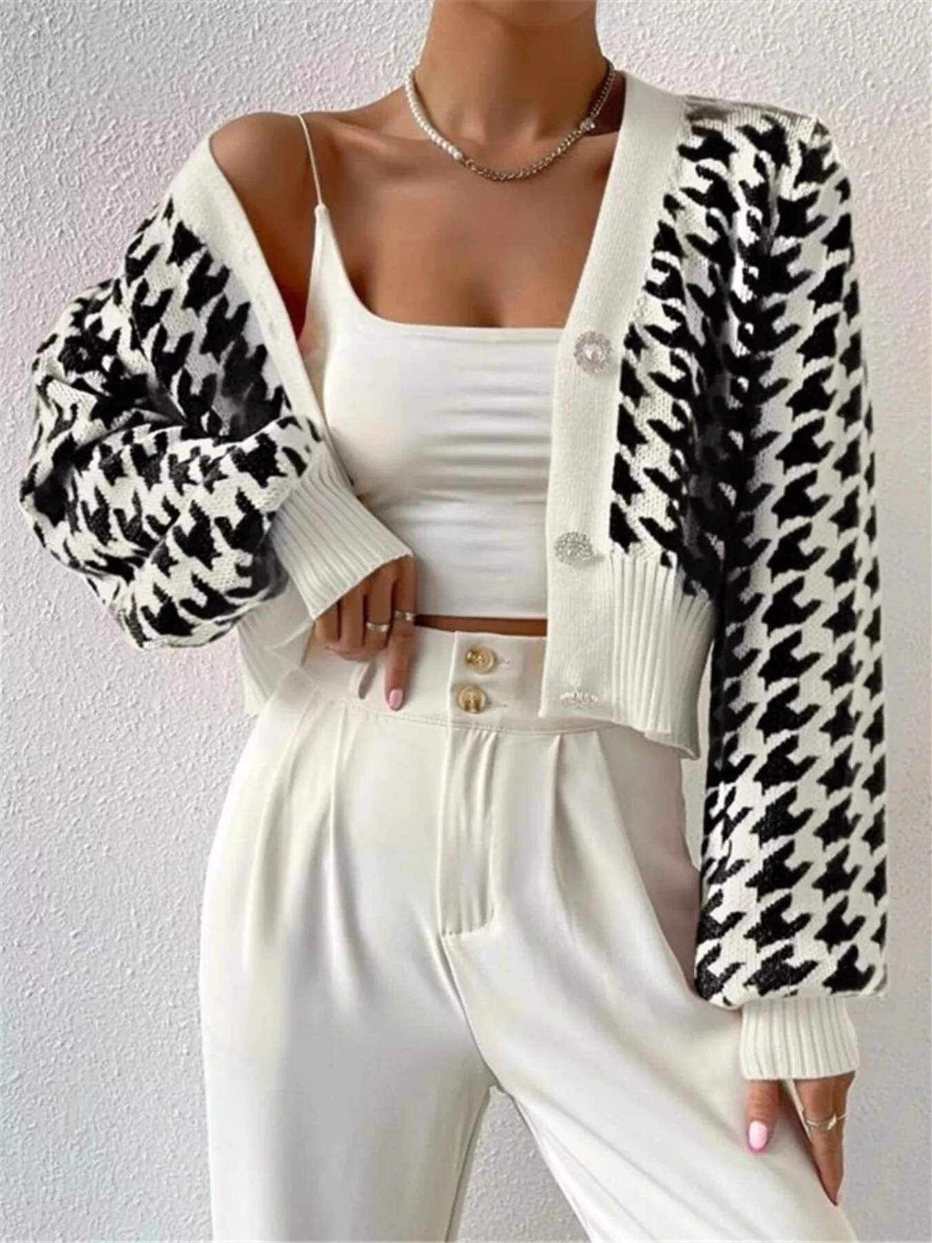 Houndstooth V-Neck Button Up Cardigan - Image 13