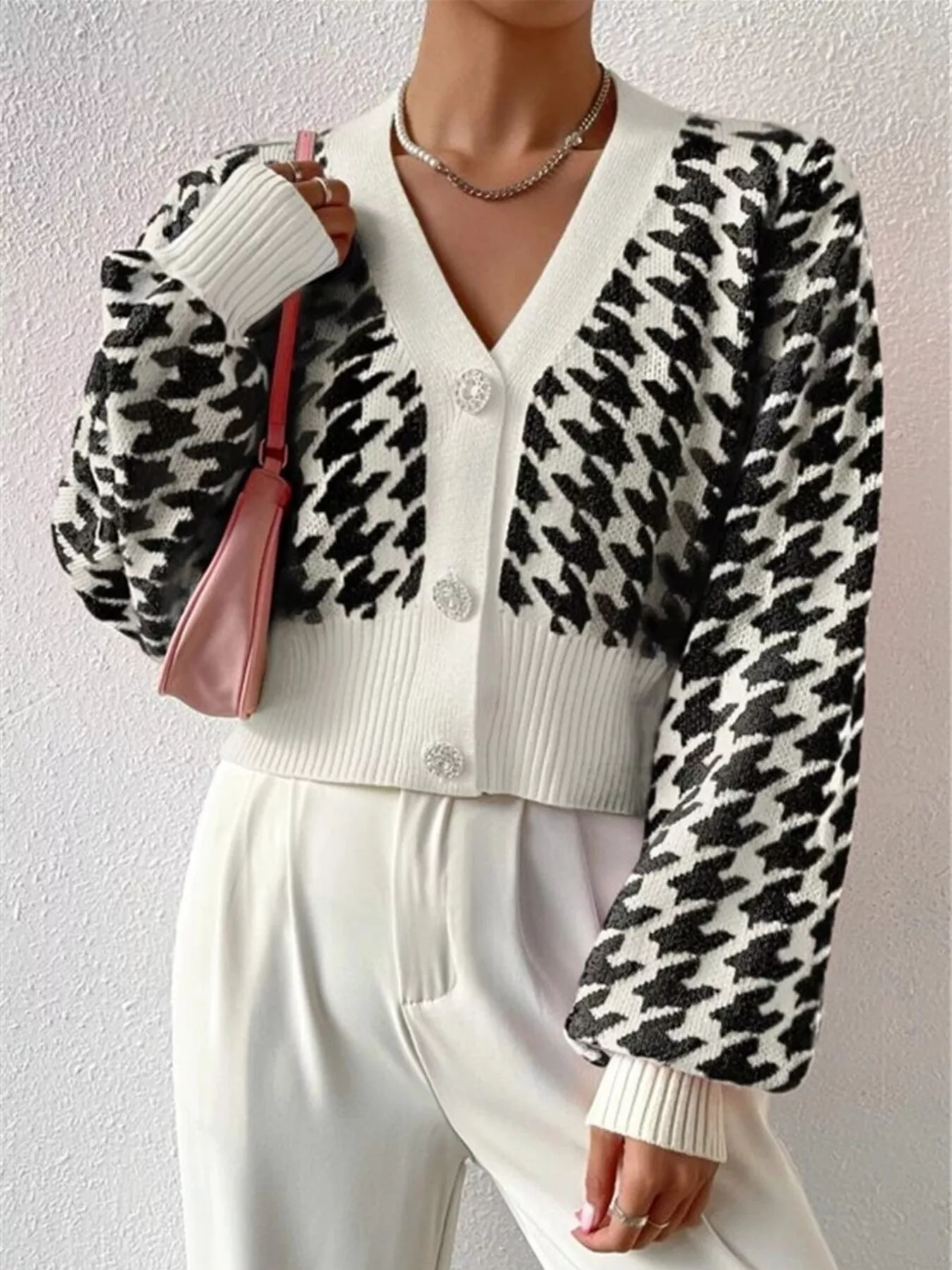 Houndstooth V-Neck Button Up Cardigan - Image 15