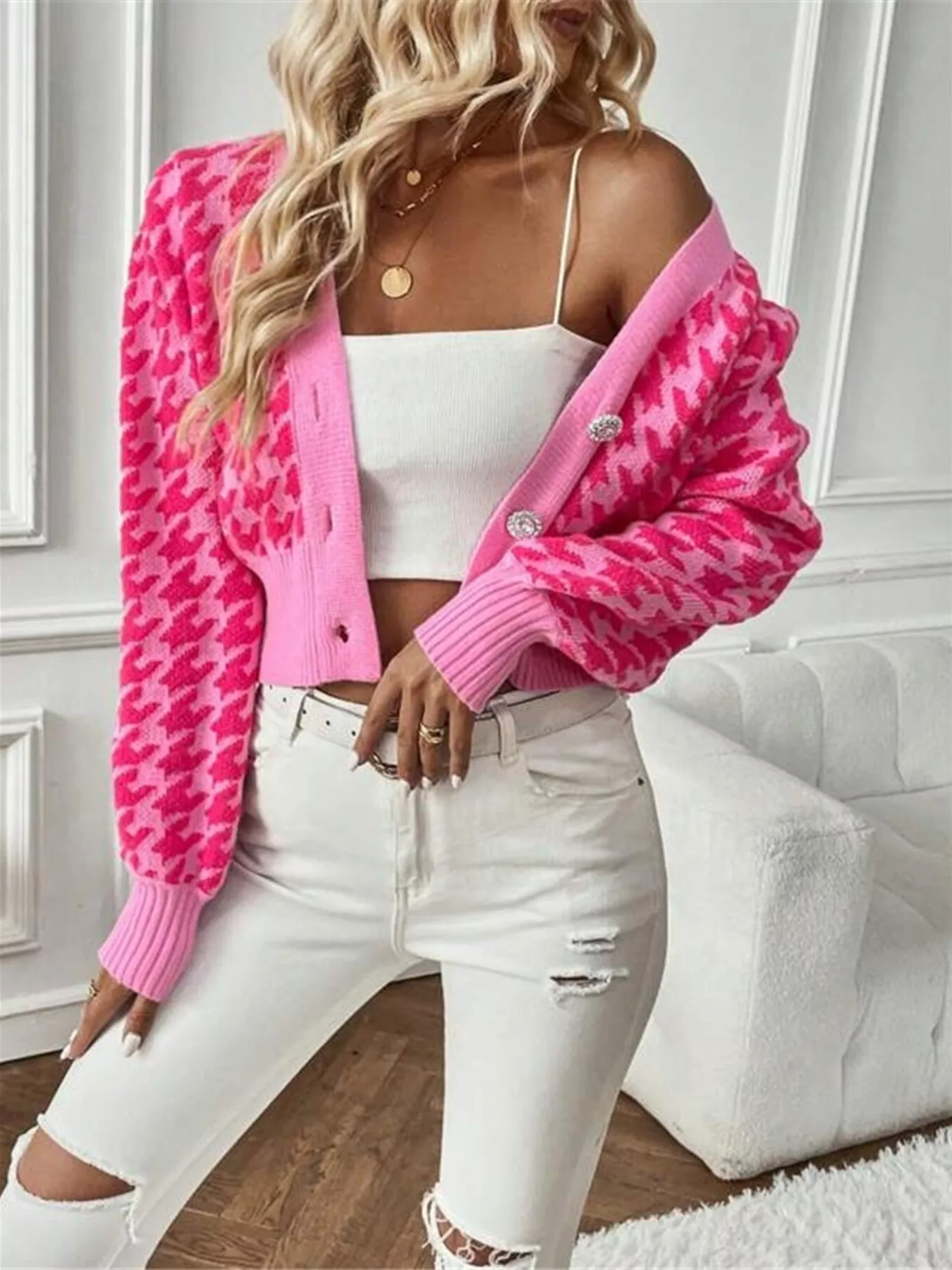 Houndstooth V-Neck Button Up Cardigan - Image 17
