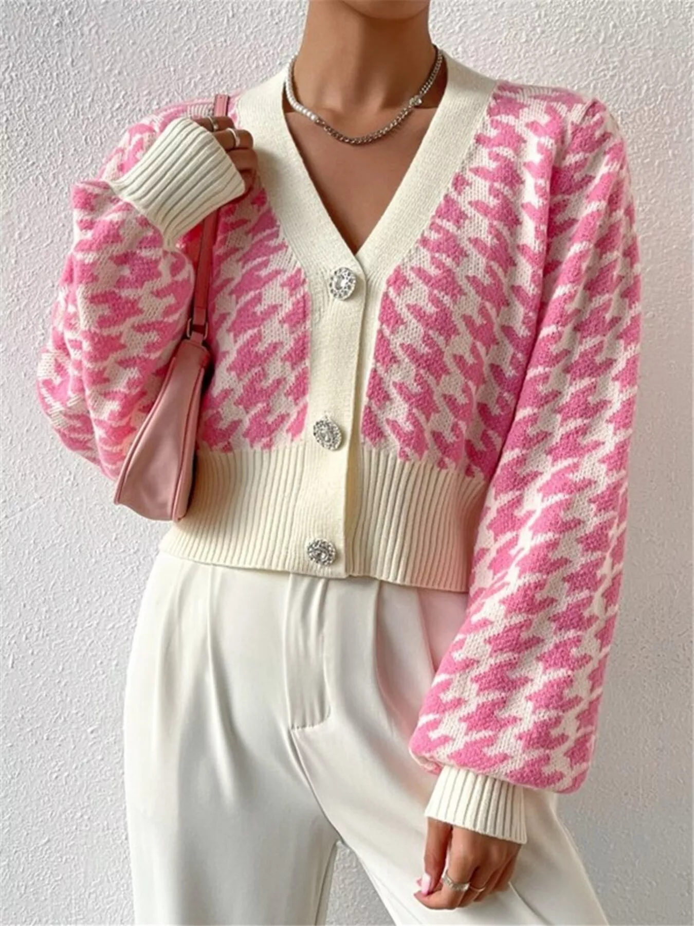 Houndstooth V-Neck Button Up Cardigan - Image 2