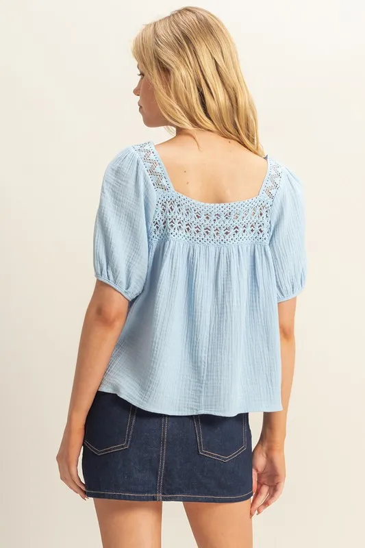 HYFVE Crochet Detail Puff Sleeve Peasant Top - Image 3