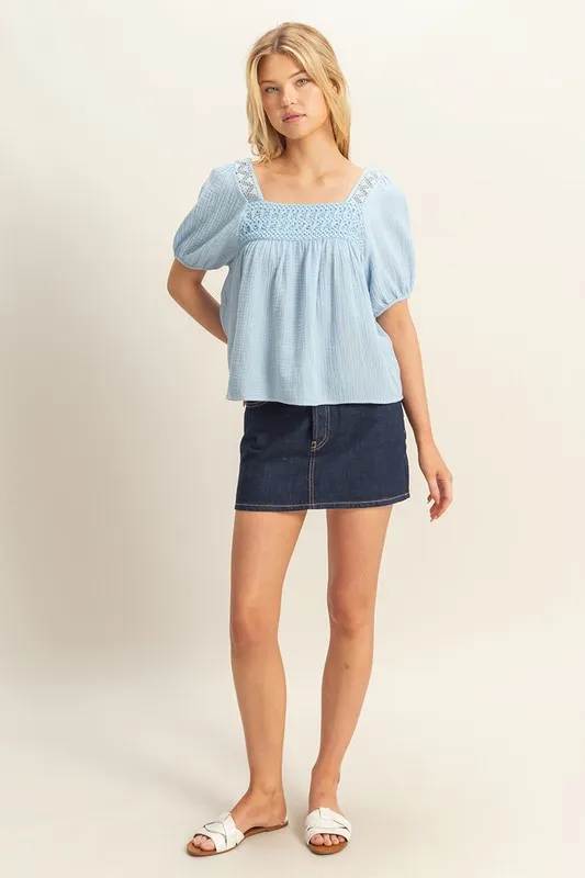 HYFVE Crochet Detail Puff Sleeve Peasant Top - Image 4