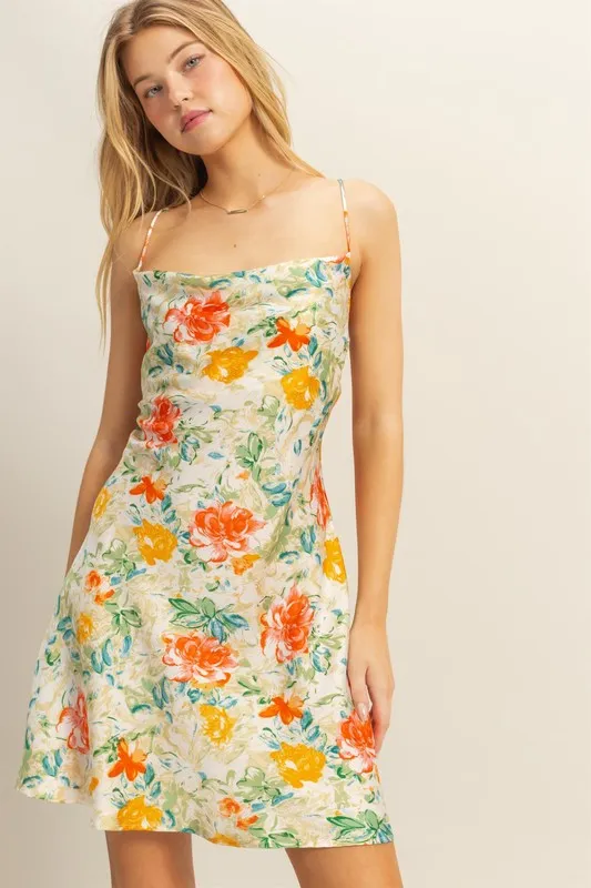 HYFVE Floral Cowl Neck Flirty Satin Mini Dress