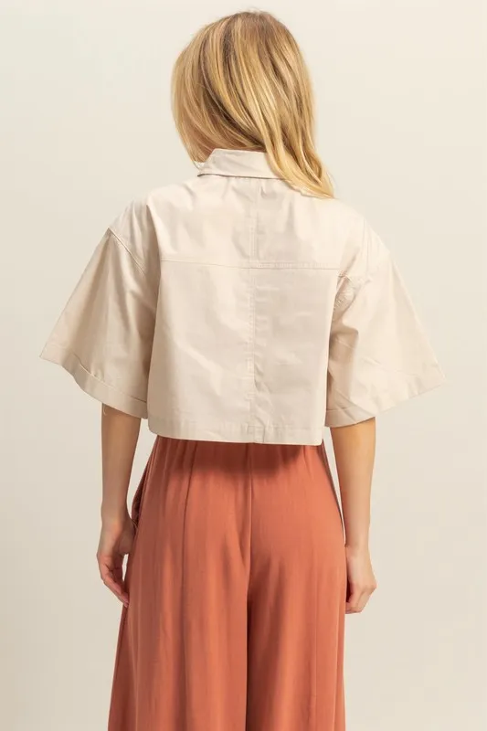 HYFVE Front Pockets Poplin Collared Neck Crop Shirt - Image 3