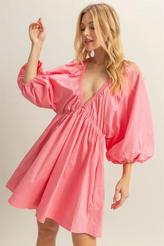 HYFVE Plunge Balloon Sleeve Poplin Mini Dress with Pockets