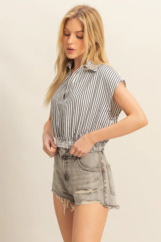 HYFVE Striped Elastic Hem Johnny Collar Cap Sleeve Blouse - Image 2