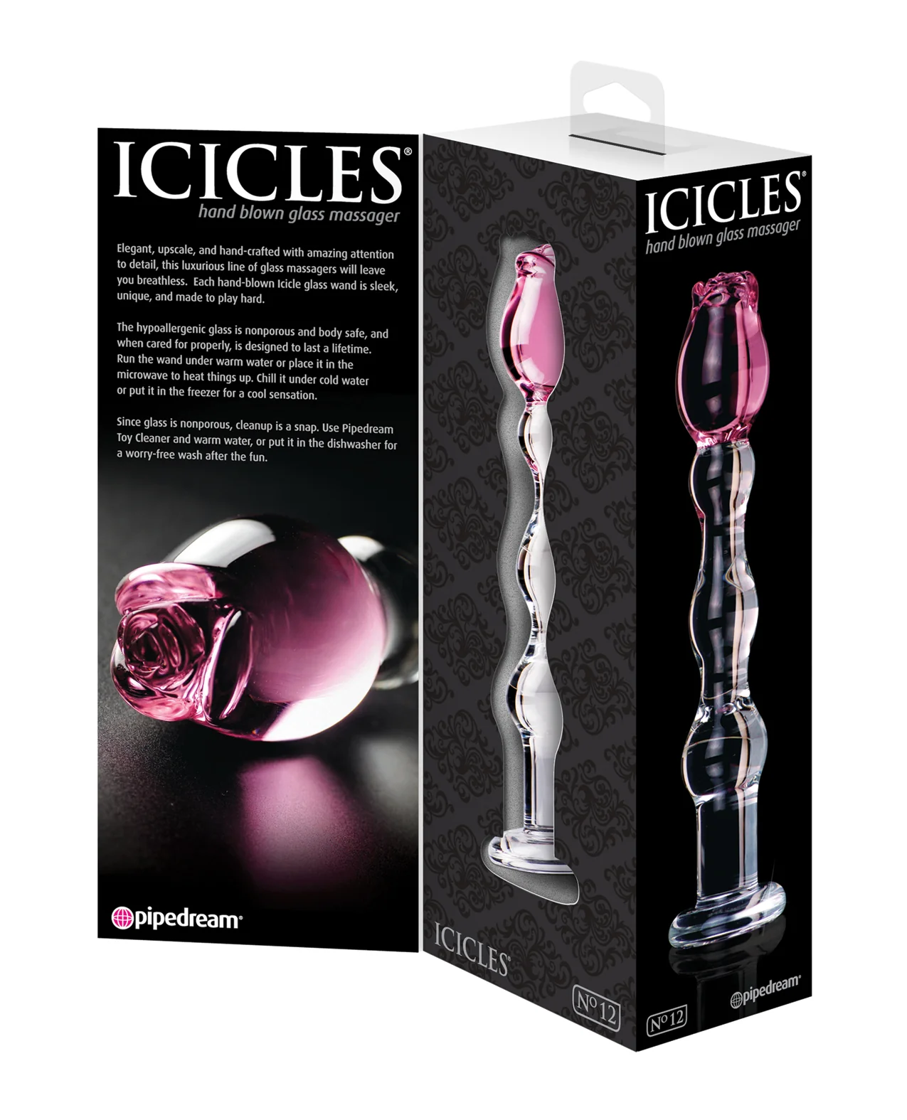 Icicles No. 12 Hand Blown Glass Massager - Clear w/Rose Tip - Image 2