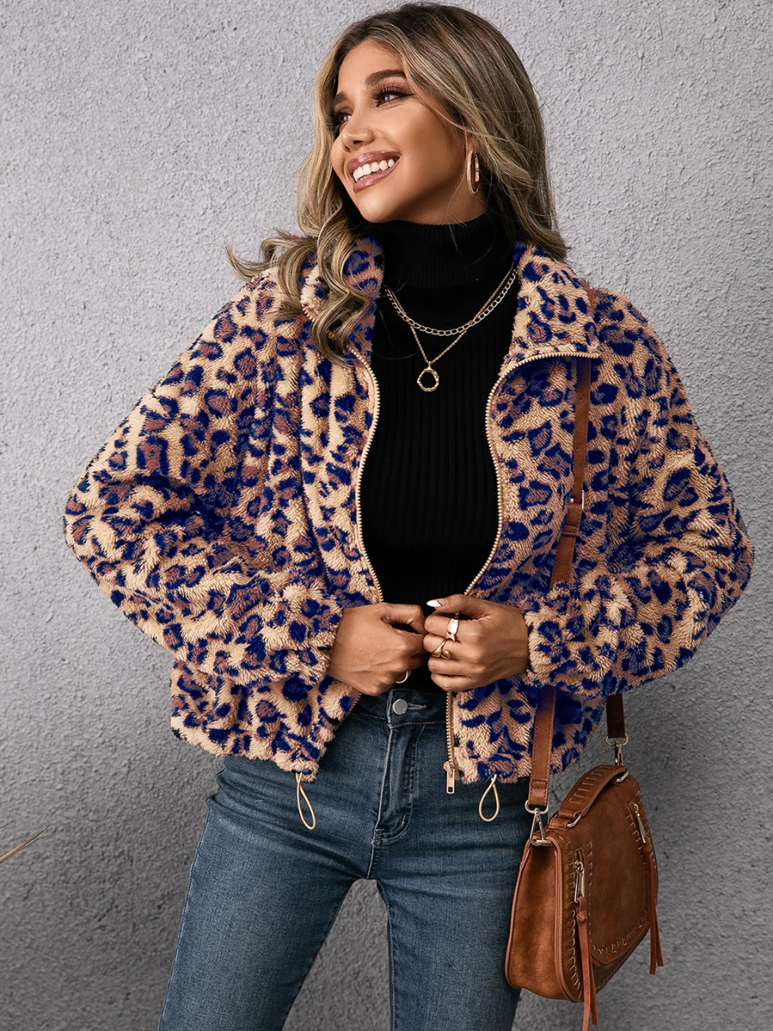 Ivy Lane Drawstring Leopard Zip Up Jacket - Image 3