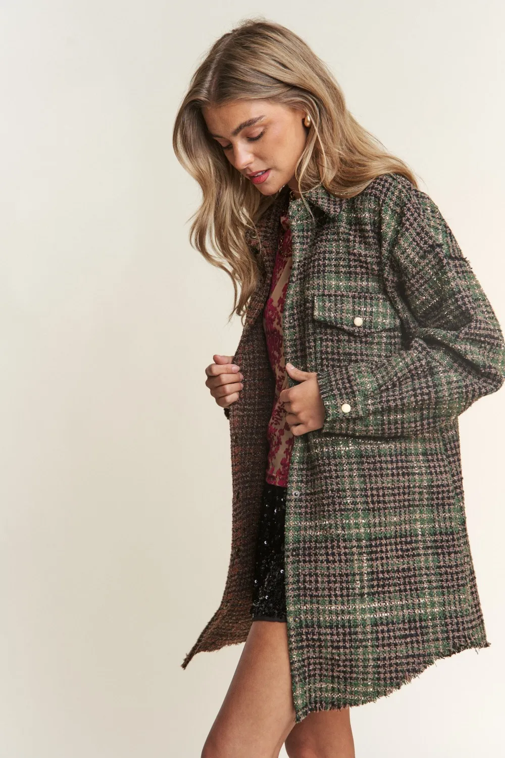 J.NNA Snap Down Tweed Plaid Contrast Longline Shacket - Image 2
