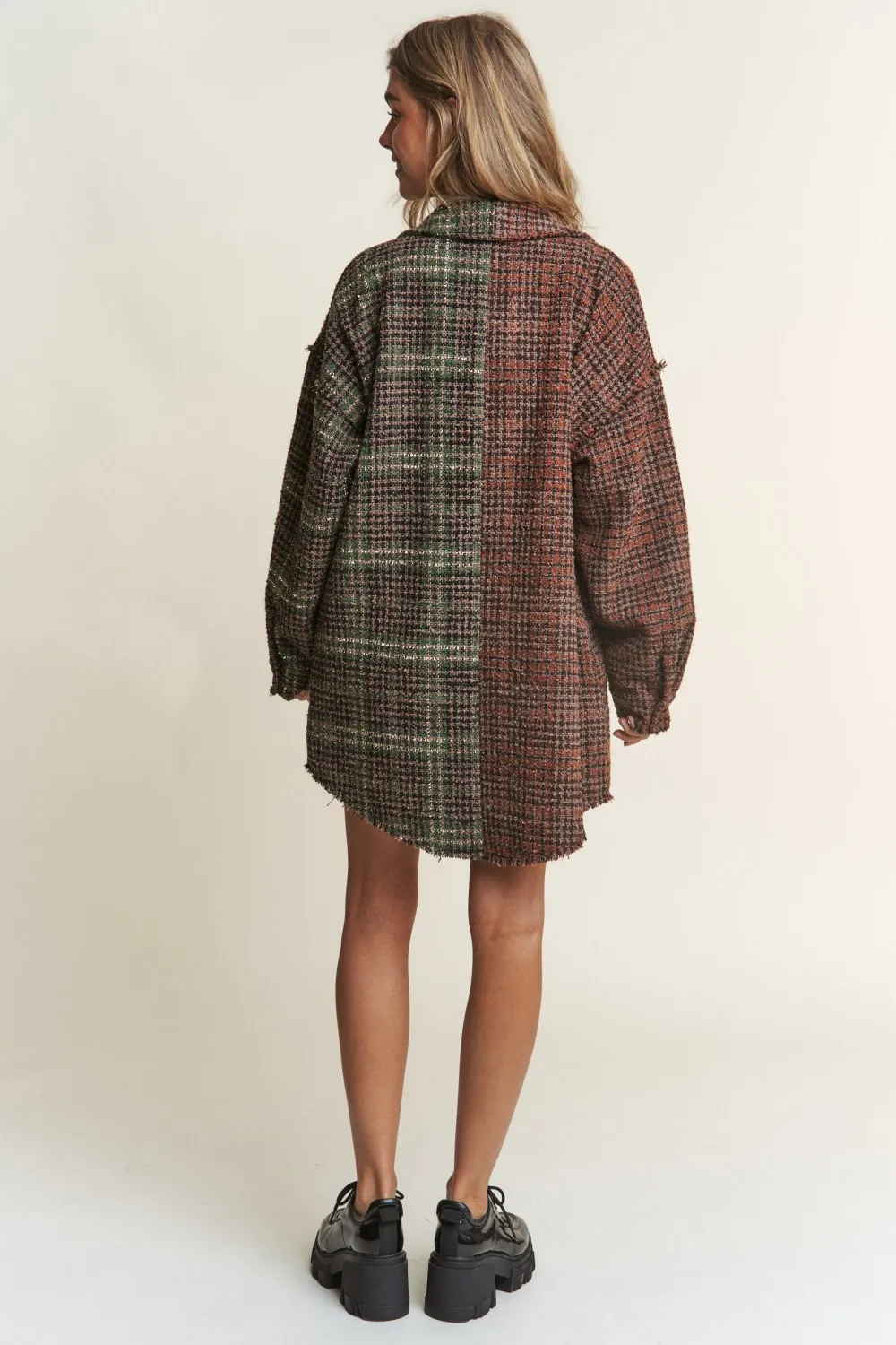 J.NNA Snap Down Tweed Plaid Contrast Longline Shacket - Image 4