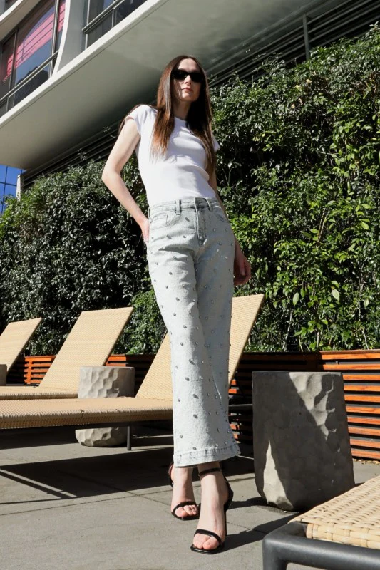 Jewel Embellished High Rise Cropped Palazzo Jeans - Image 3