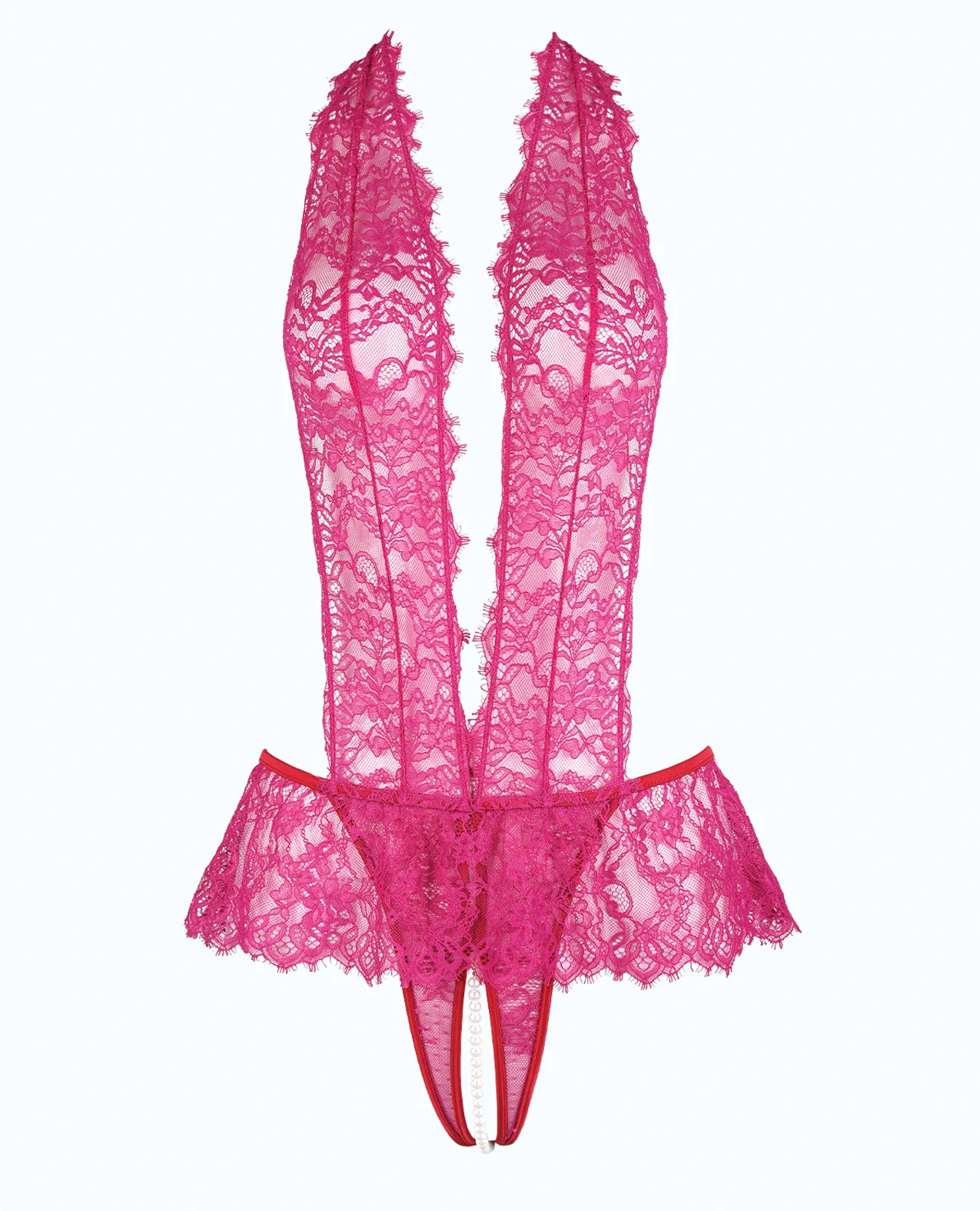 Jocelyn Lace Halter Teddy w/Open Crotch - Raspberry LG - Image 5