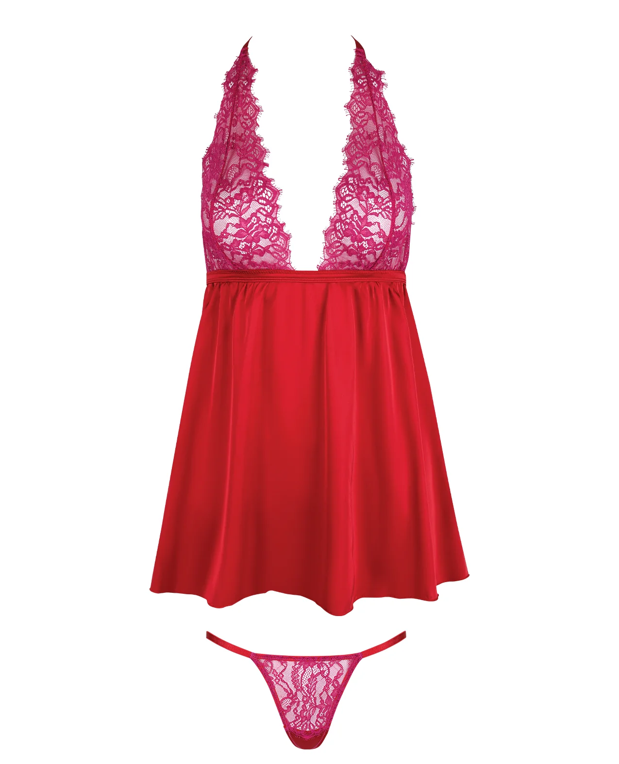Jocelyn Lace & Satin Halter Mini Babydoll Dress w/Thong - Raspberry MD - Image 5