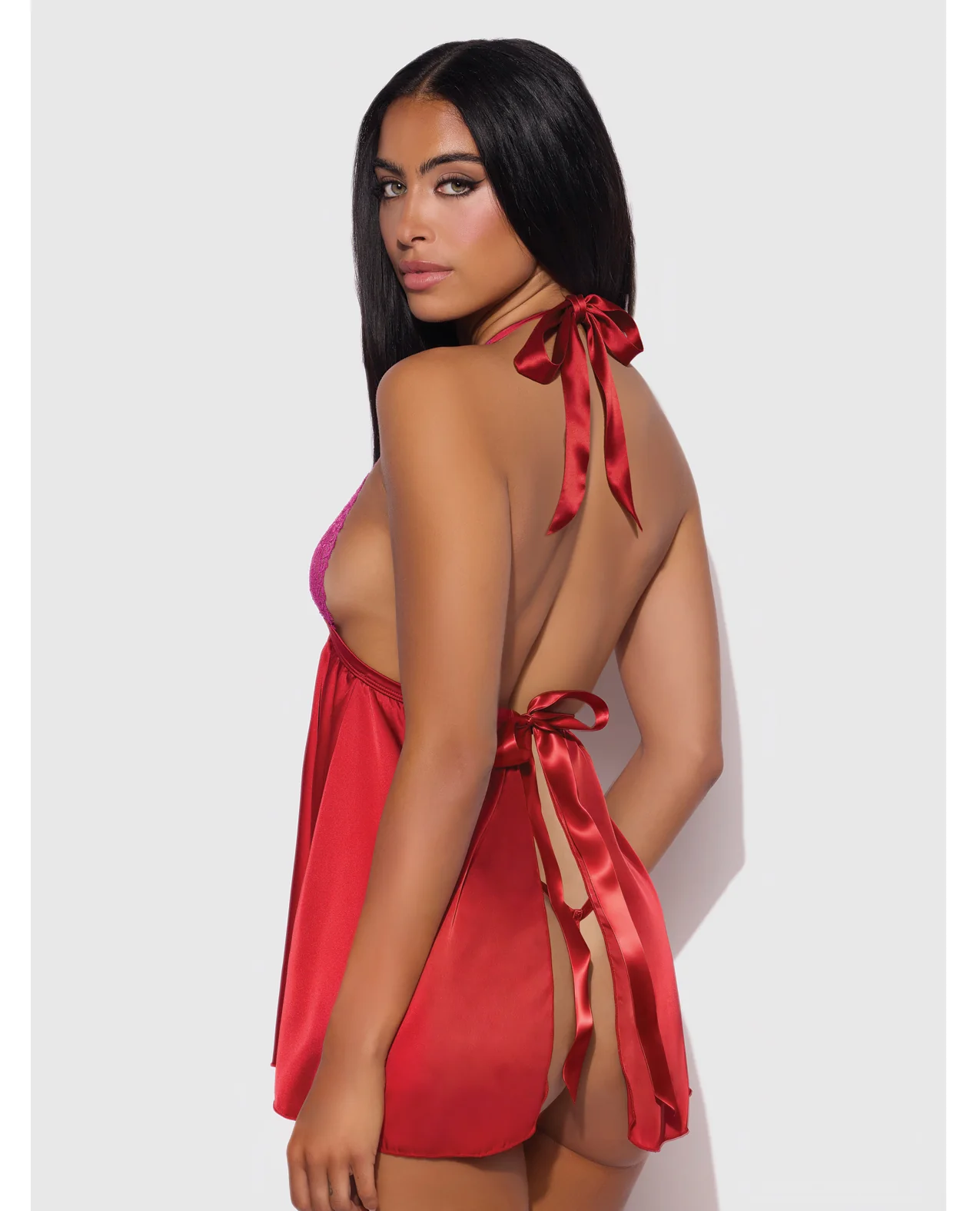 Jocelyn Lace & Satin Halter Mini Babydoll Dress w/Thong - Raspberry XL - Image 2