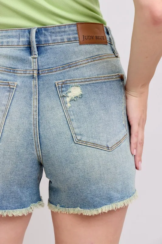 Judy Blue Full Size High Rise Washed Fly Stitch Detail and Destroy Denim Shorts Plus Size - Image 2